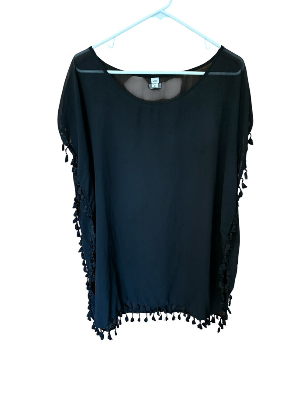 Bohemian Black Tassel Trim Sheer Beach Cover-Up